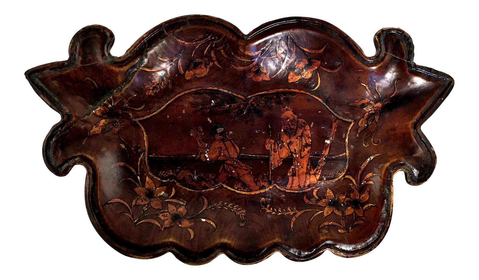 1900s Chinese Wood Platter Tray With Gold Painting: Very old wooden tray hand painted with gold Lacquer paint. This platter has the label from the customs which allows Antiques over 100 years old to leave China. This left China in the 80's. It does