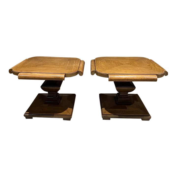 1960s Thomasville of Ca French Regency Side Tables: For your consideration, a 1960s pair of Side Tables by Thomasville of California. French regency carved wood. Fabulous French empire pedestal design. Stamped underneath by maker. Dimensions: 16.25" h