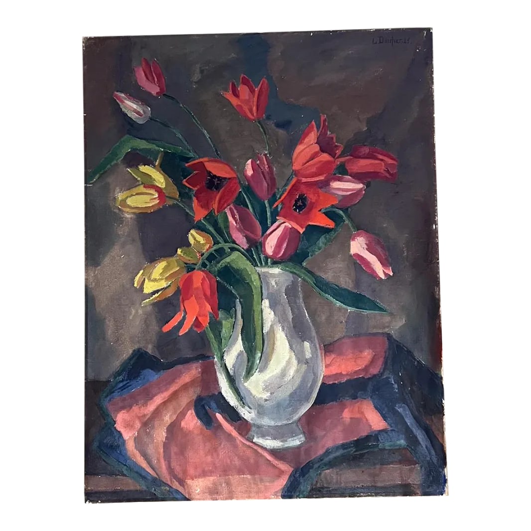 1960s Floral Still Life Oil Painting, Signed & Framed, 35.25x27.25 Mid Century: For your consideration, an original oil on canvas, featuring a Still Life moment, with floral arrangement in a table. Artwork is singed, unable to read the signature. New oak wood frame Dimensions: