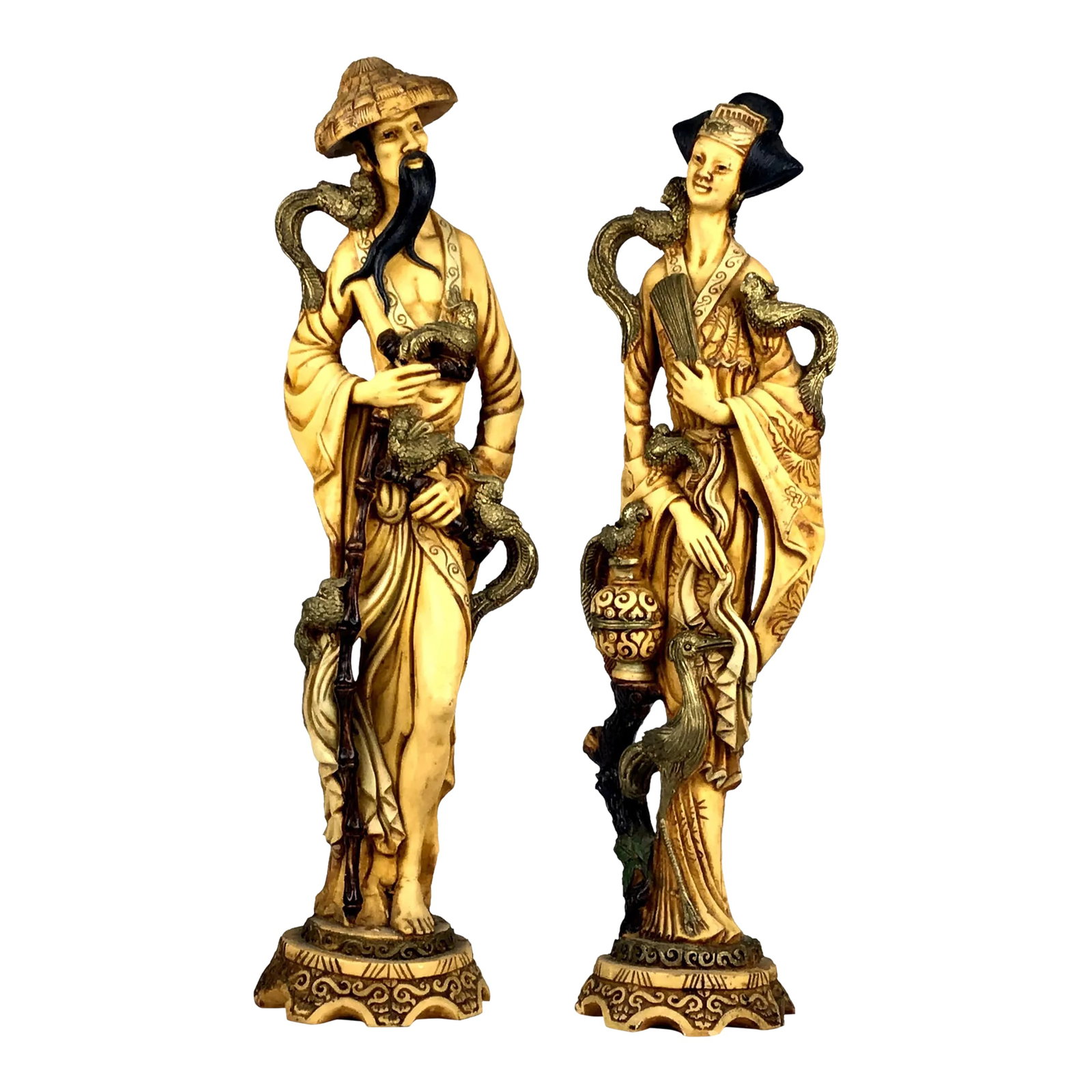Magnificent Carved Resin Pair of Chinese Royals: Tall and beautiful, 19.5" Carved and hand painted Chinese figurines complete with both the male and female holding various breeds of birds. Heavy and stable. We have a stork, Phoenix, peacock, and