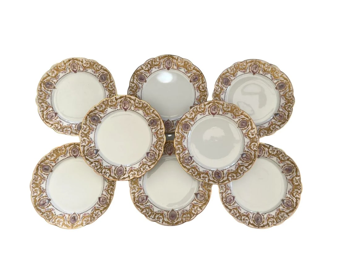 Set of 8, Raphael Weill Hand Enameled "Important Figures" Porcelain Plates 9" - 12