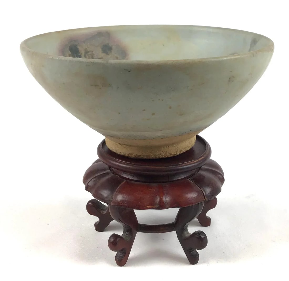 Chinese Junyao Style Oxidized Copper Pottery Bowl on Carved Rosewood Stand - 2