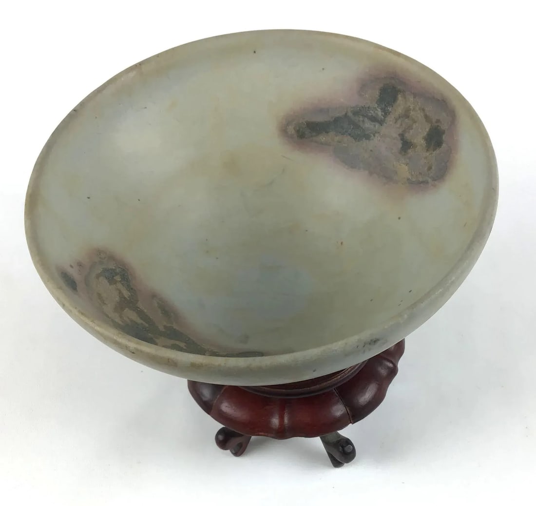 Chinese Junyao Style Oxidized Copper Pottery Bowl on Carved Rosewood Stand - 3