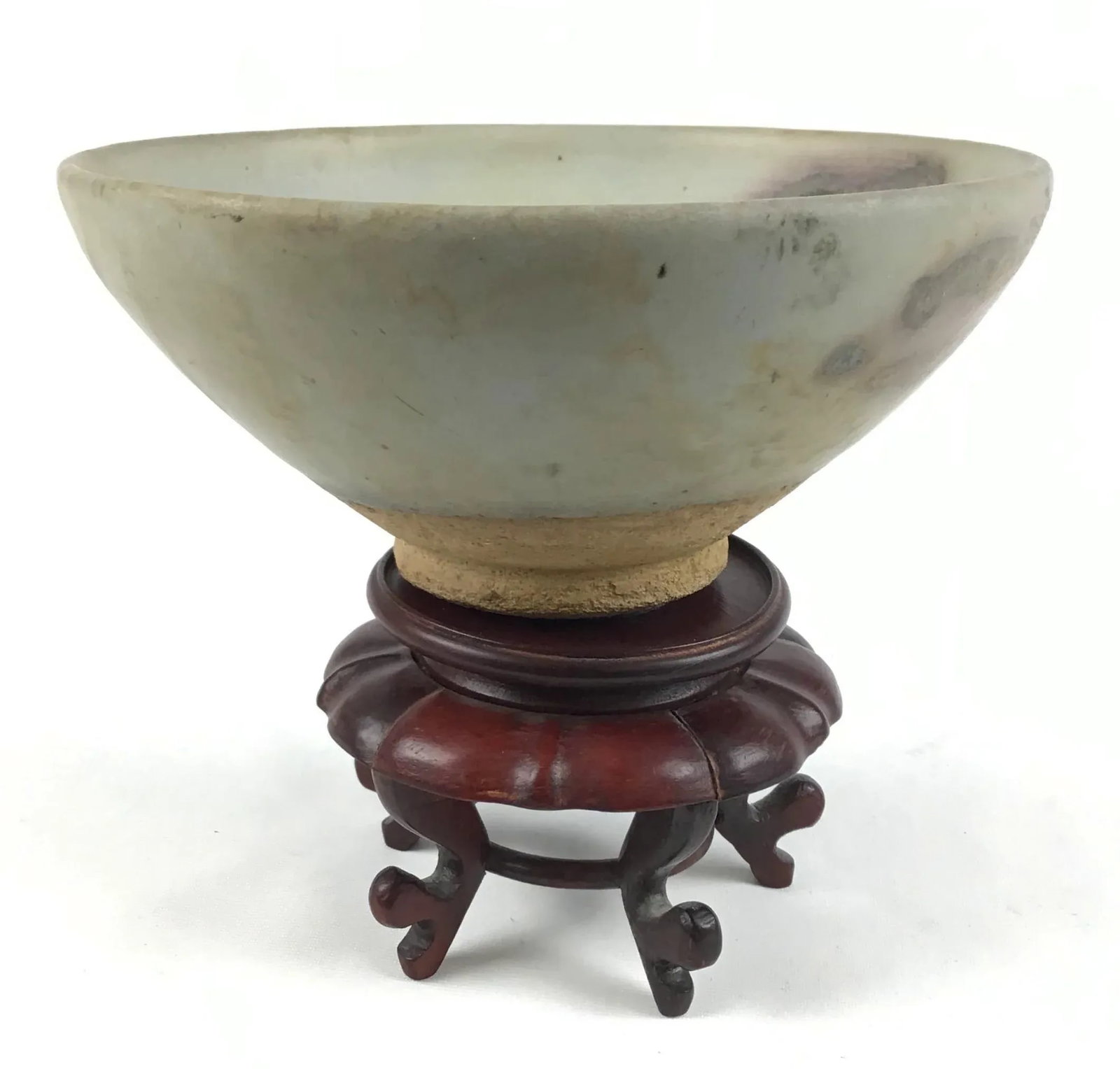 Chinese Junyao Style Oxidized Copper Pottery Bowl on Carved Rosewood Stand - 4