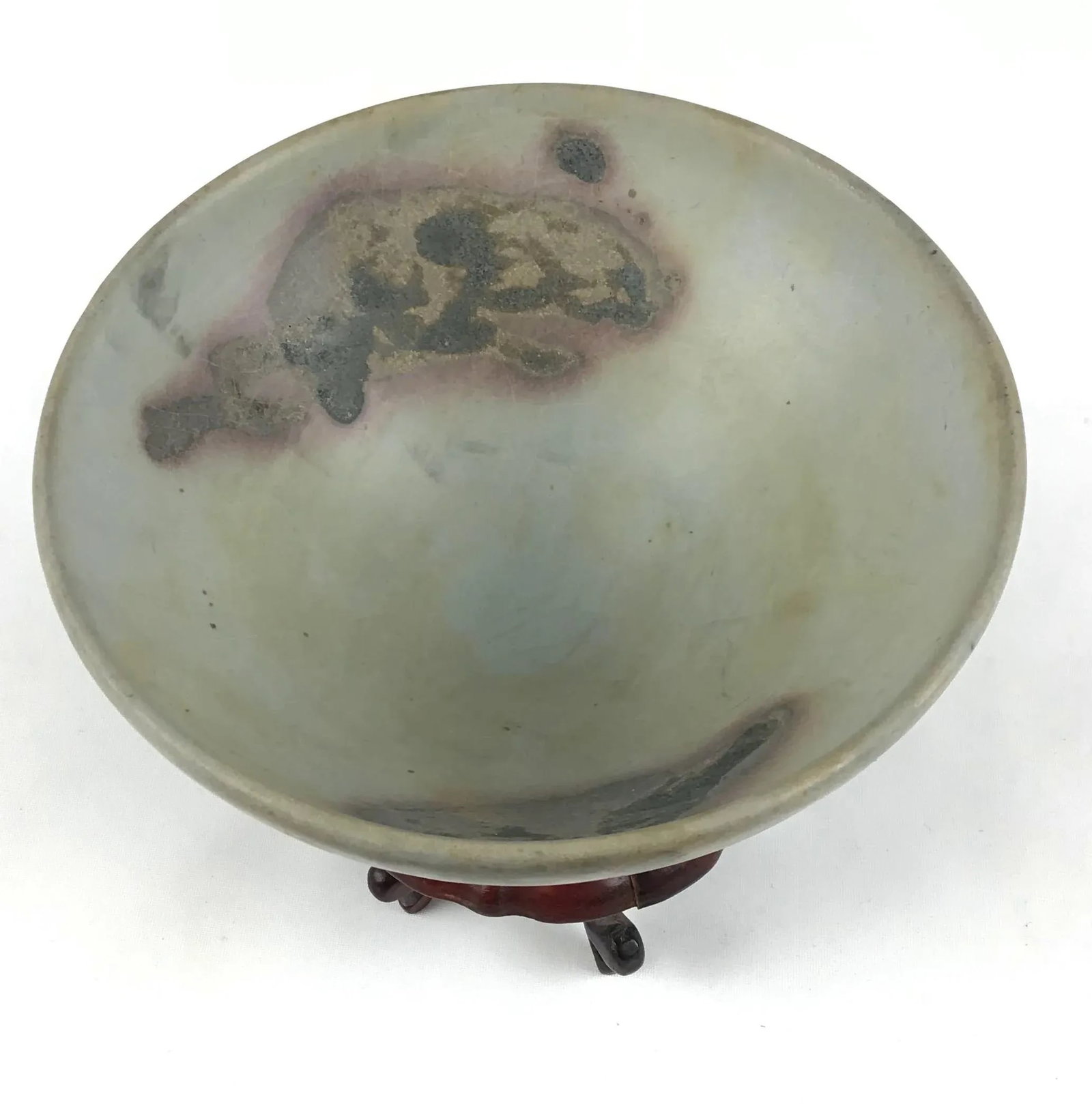 Chinese Junyao Style Oxidized Copper Pottery Bowl on Carved Rosewood Stand - 5