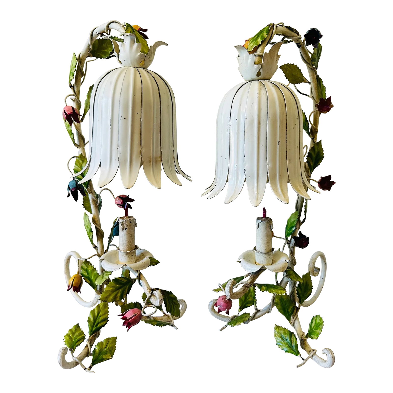 Italian Tole Metal Flower Table Lamps Metal Tulip Shades- a Pair: Pair of diminutive Florentine toleware table lamps (ca. 1950, Italy). Composed of white enameled metal with colorful floral adornments. Original condition: natural paint loss and patina. Condition: Al