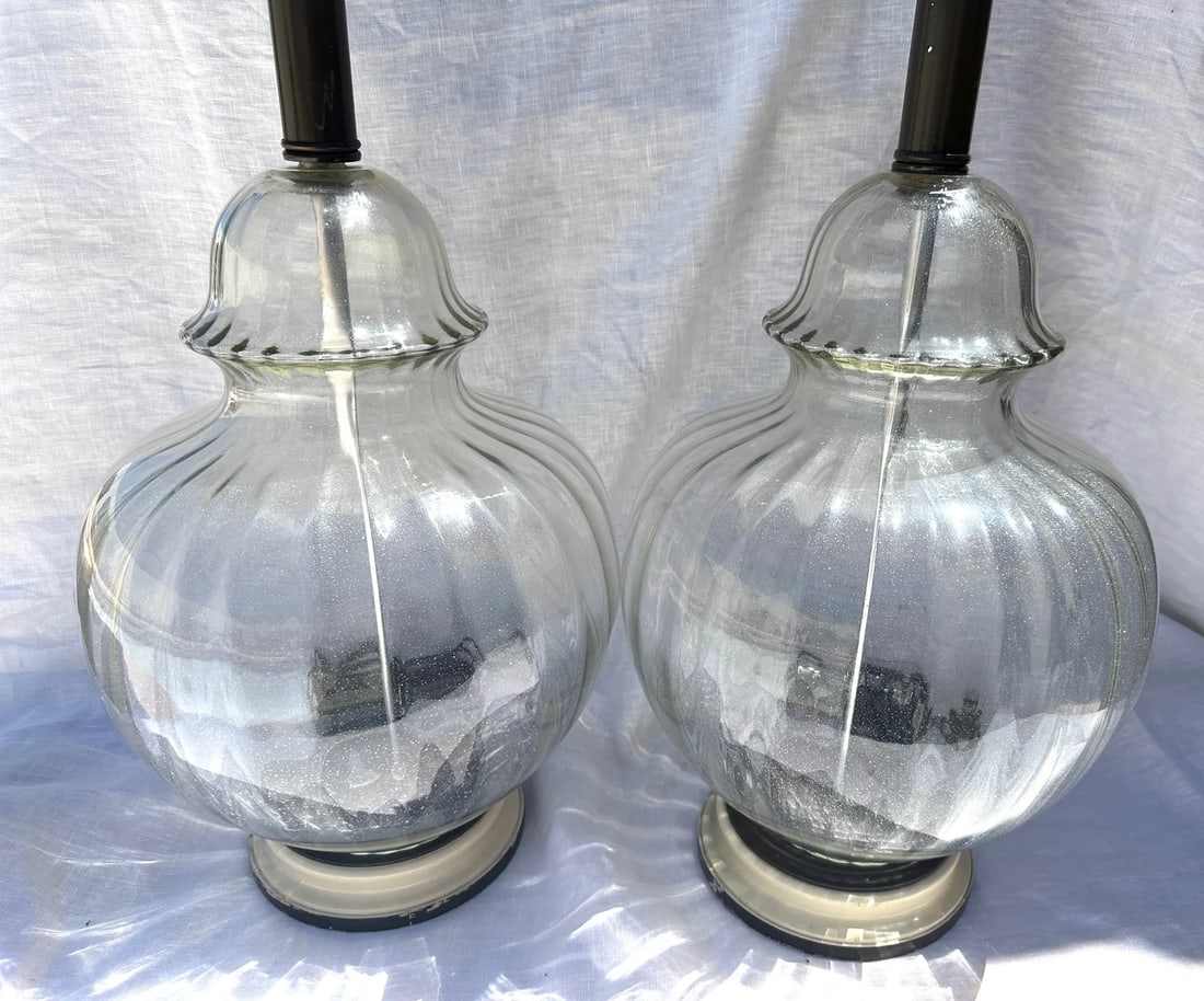 Vintage Ribbed Morano Glass Ginger Jar Table Lamps-A Pair - 2