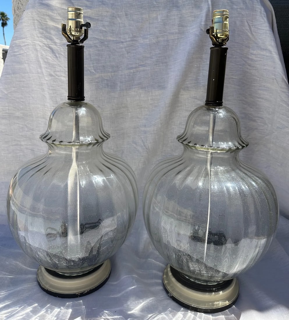 Vintage Ribbed Morano Glass Ginger Jar Table Lamps-A Pair - 4