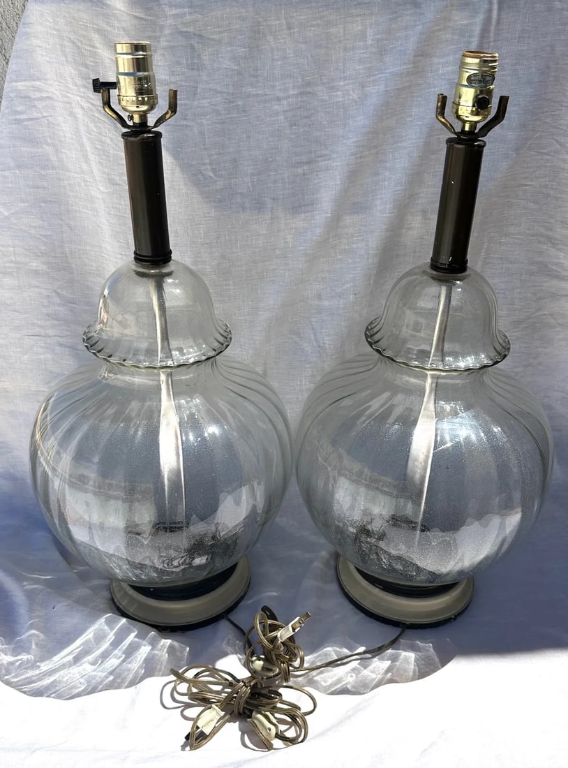 Vintage Ribbed Morano Glass Ginger Jar Table Lamps-A Pair - 6