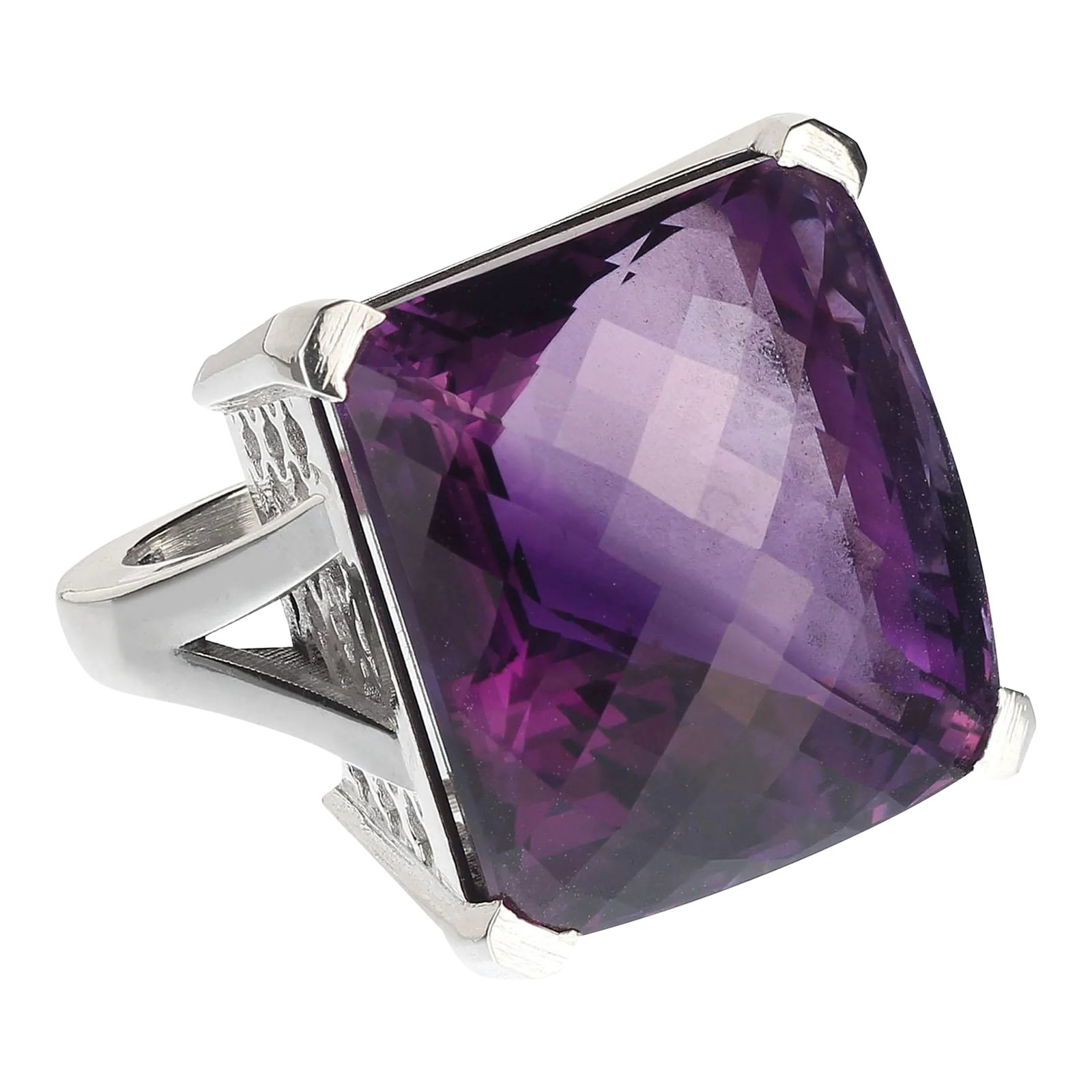AJD 56Ct Square Awe-Inspiring Amethyst Sterling Silver Ring February Birthstone Size 8.25: This is part of Chairish's Fine Jewelry assortment. 56Ct Square Awe-Inspiring Amethyst with a checkerboard table in custom made Sterling Silver setting. This one of a kind ring is stunning, the