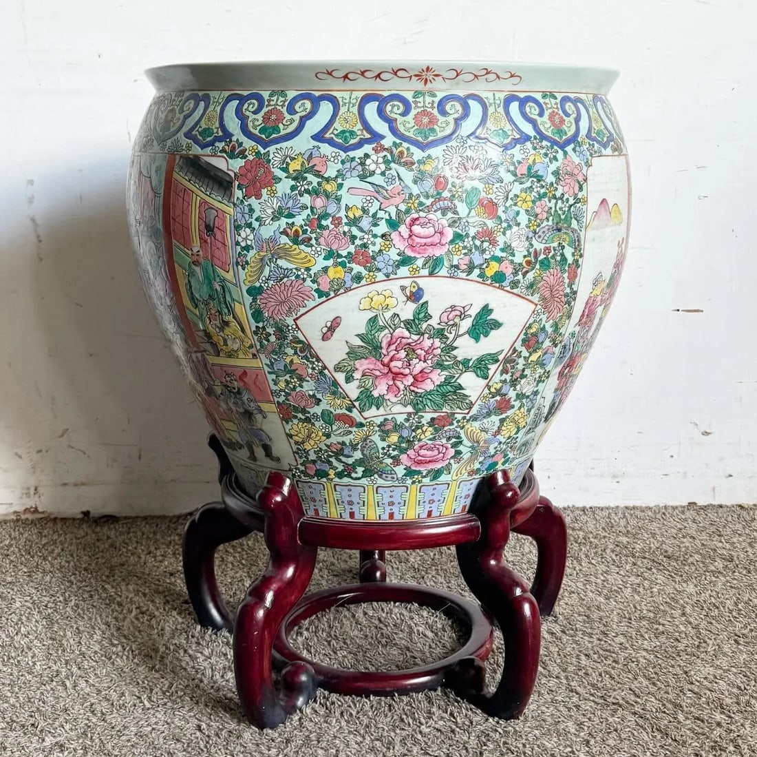 Chinese Hand Painted Floor Vase With Wooden Stand - 2