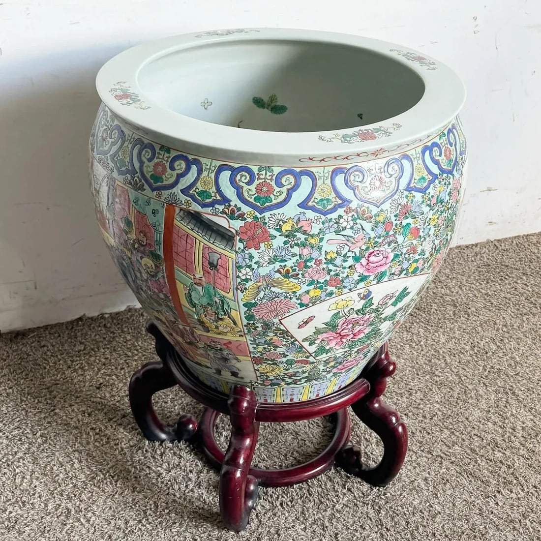 Chinese Hand Painted Floor Vase With Wooden Stand - 3
