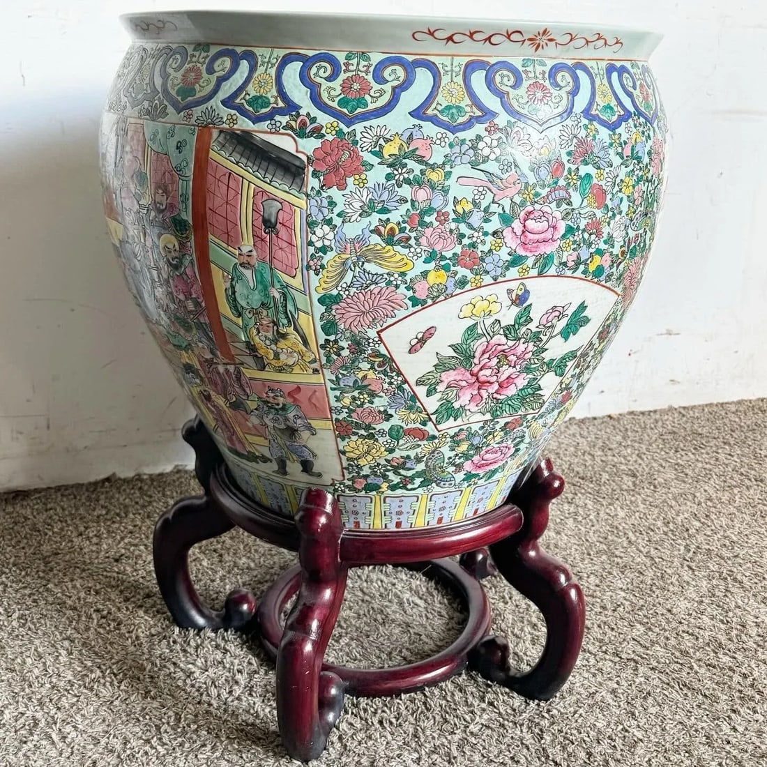 Chinese Hand Painted Floor Vase With Wooden Stand - 4