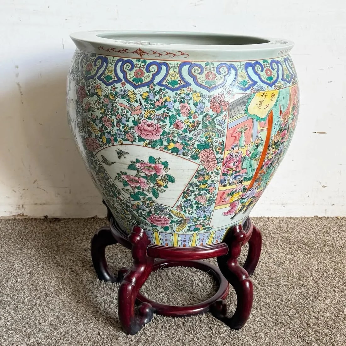 Chinese Hand Painted Floor Vase With Wooden Stand - 7