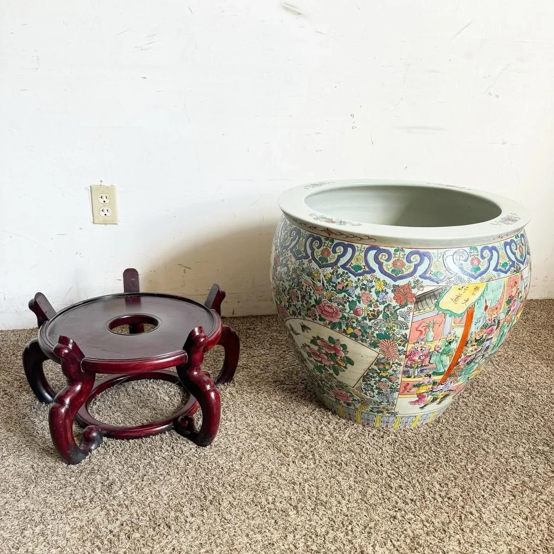 Chinese Hand Painted Floor Vase With Wooden Stand - 8