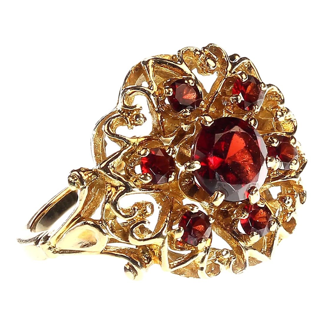 Vintage Garnet and 14k Yellow Gold Ring Size 5.25: This is part of Chairish's Fine Jewelry assortment. Exquisite Vintage 14K Yellow Gold Garnet Ring – Orange Blossom Setting Discover the allure of this lovely vintage ring, elegantly crafted in