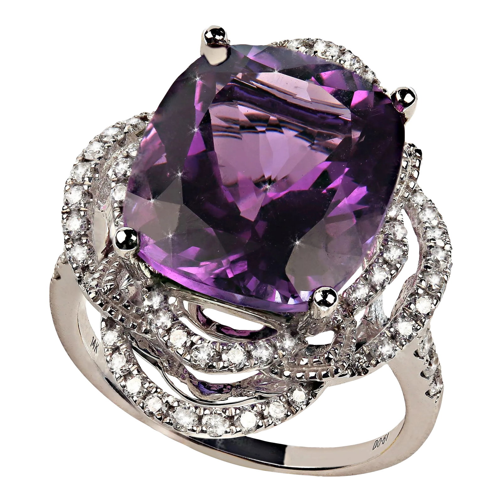 Cocktail Ring of Sparkling Amethyst and Diamonds Size 6.5: This is part of Chairish's Fine Jewelry assortment. Stunning Cushion Cut Amethyst Cocktail Ring with Diamond Halo in 14K White Gold Elevate your jewelry collection with this delightful cocktail ring,