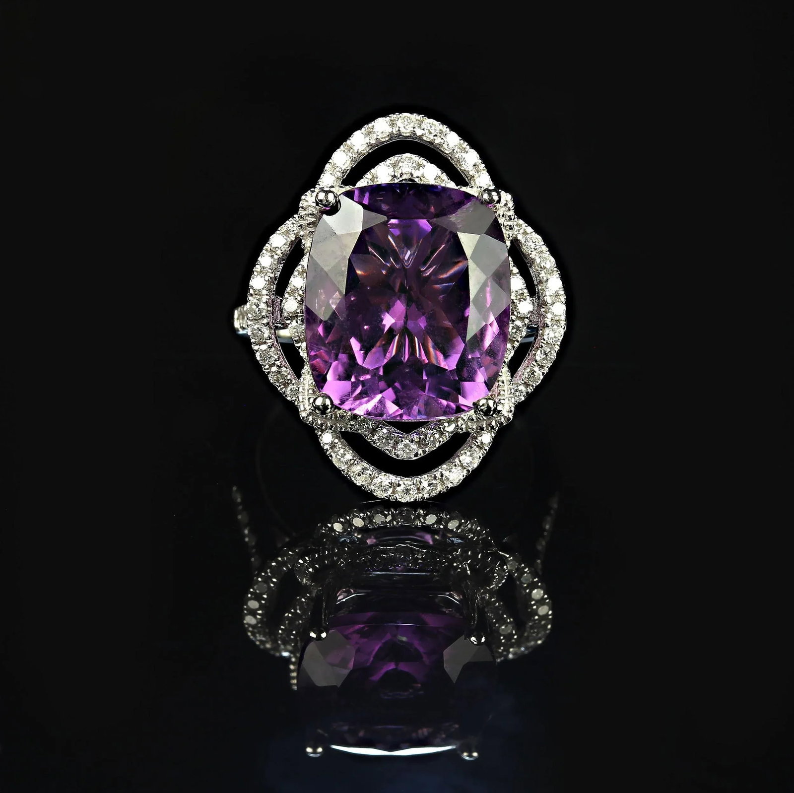 Cocktail Ring of Sparkling Amethyst and Diamonds Size 6.5 - 4