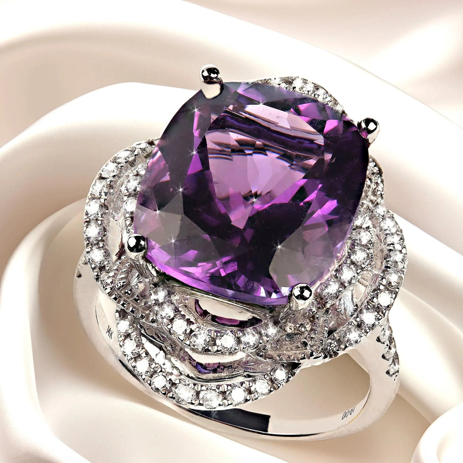 Cocktail Ring of Sparkling Amethyst and Diamonds Size 6.5 - 5