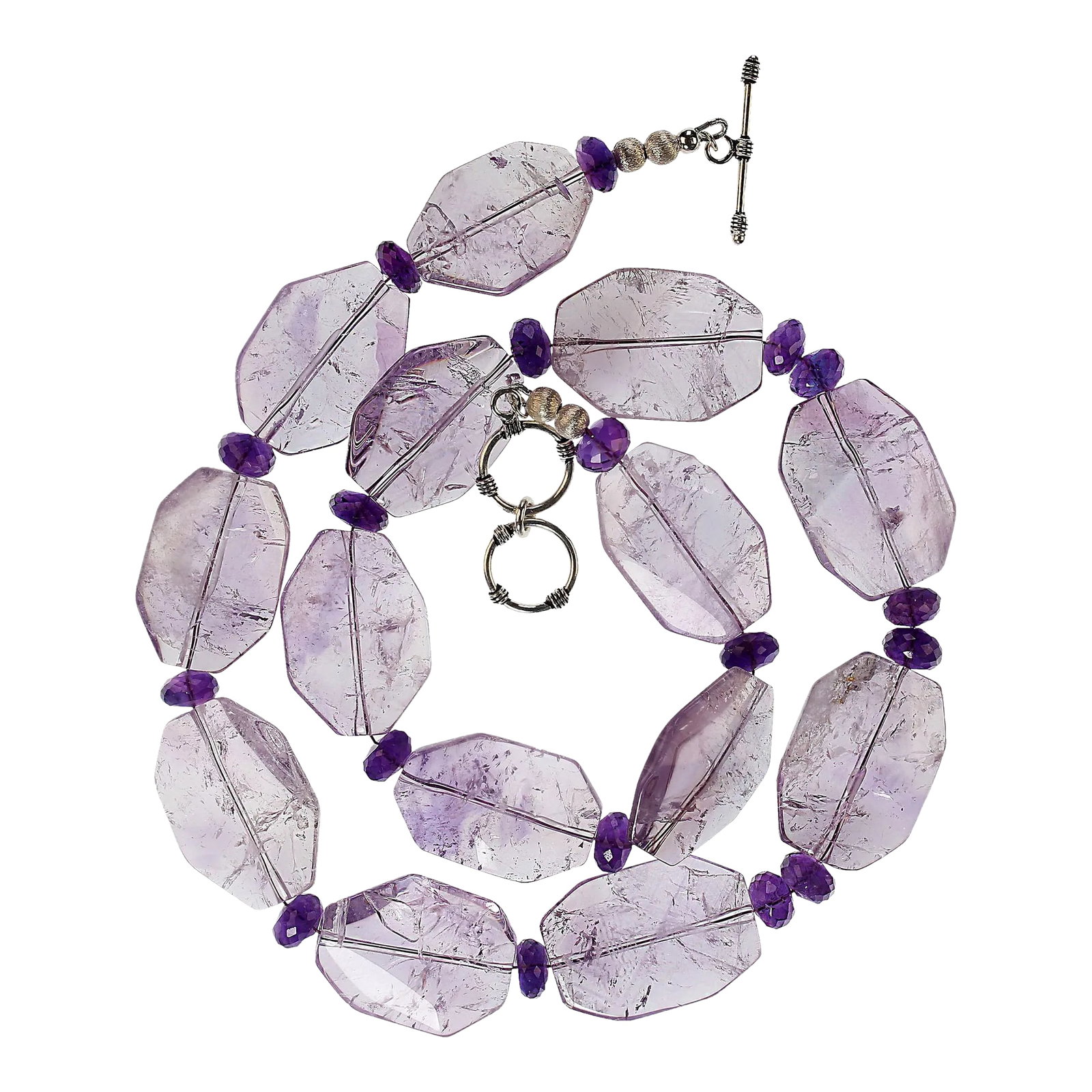 23 Inch Necklace of Rose of France Amethyst and Rich Darker Amethyst: This is part of Chairish's Fine Jewelry assortment. Exquisite Rose of France Amethyst Necklace – Octagon-Shaped Polished Tablets with Dark Amethyst Accents Turn heads with this unique and