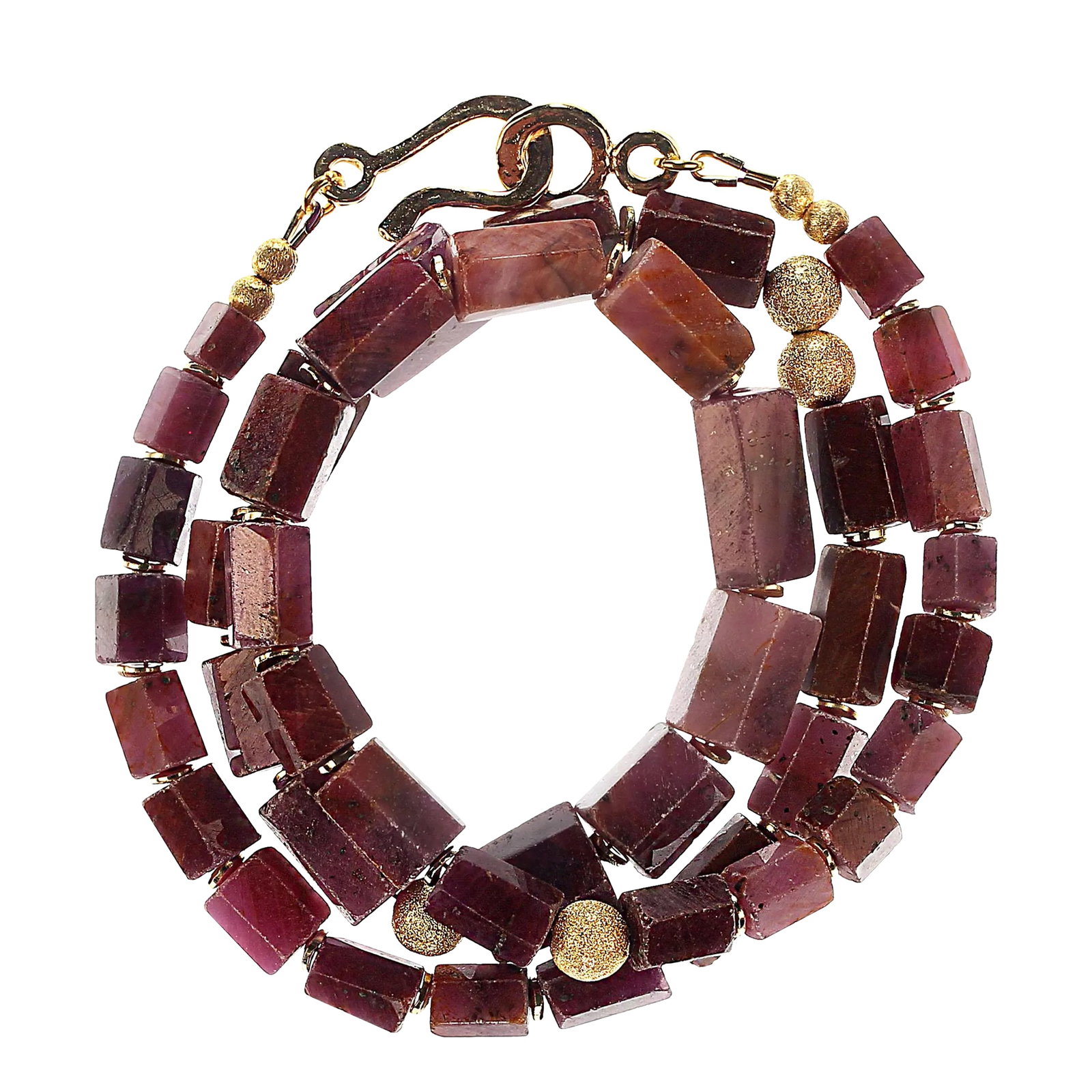 Exotic African Natural Ruby Necklace: This is part of Chairish's Fine Jewelry assortment. 23-Inch Graduated Natural Ruby Cube Necklace with 14K Gold Vermeil Clasp This exquisite 23-inch necklace features graduated cubes of opaque natural