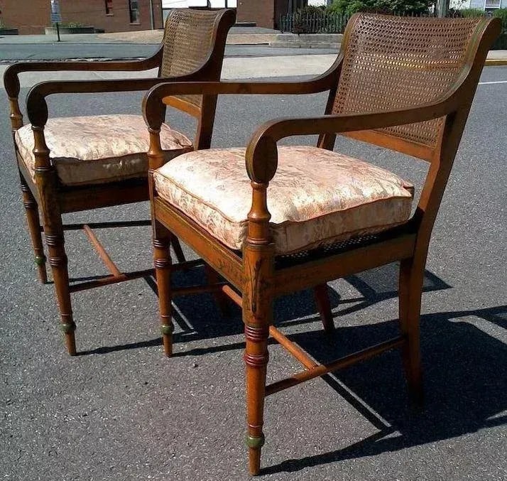 Edwardian Satinwood Painted Cane Seat Open Armchairs - a Pair - 4