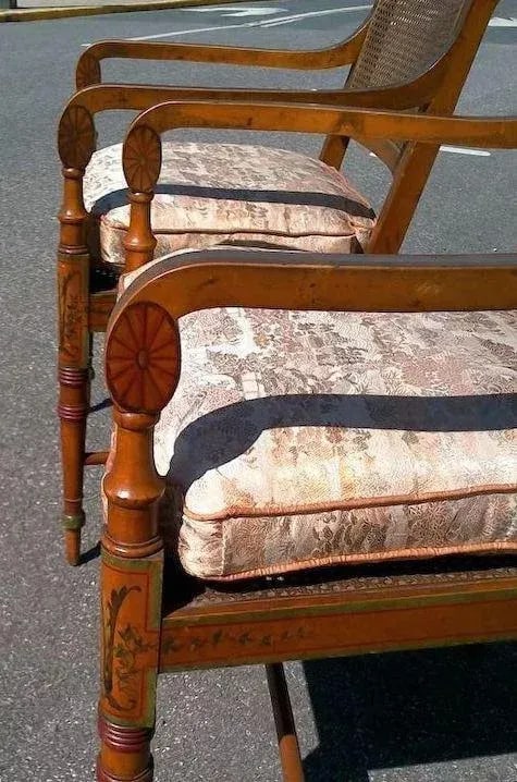 Edwardian Satinwood Painted Cane Seat Open Armchairs - a Pair - 7
