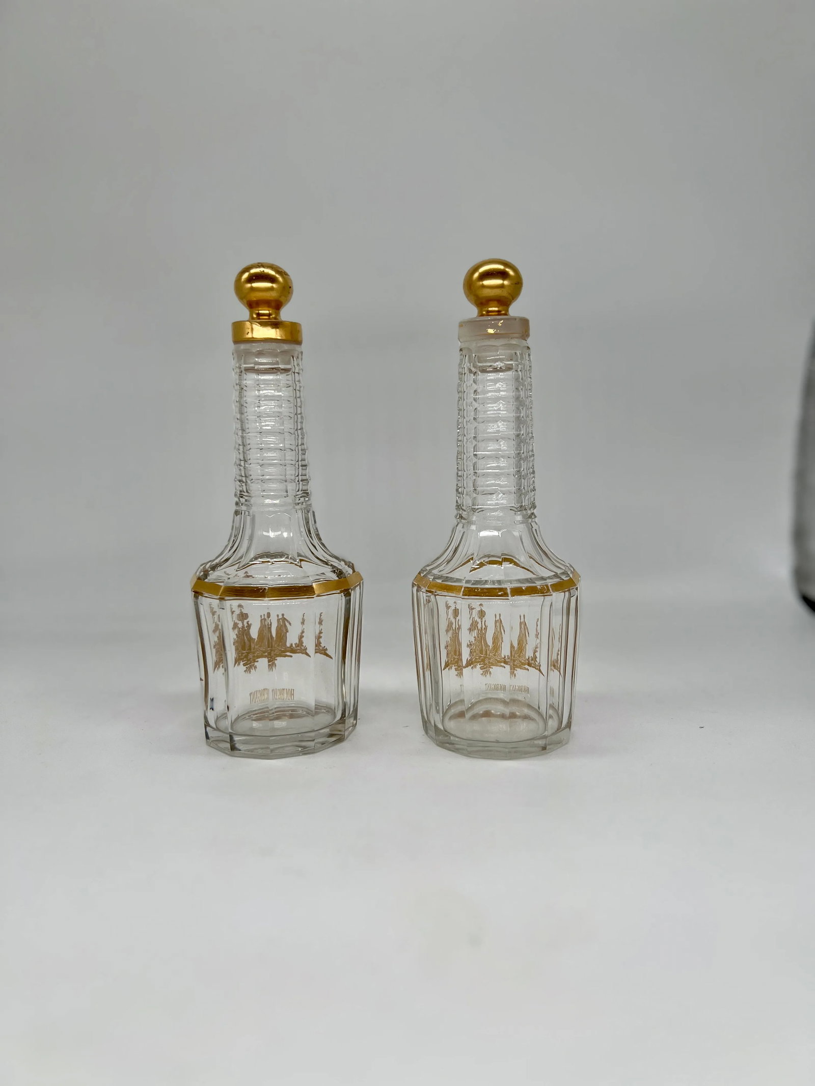 Pair, Antique French Baccarat Houbigant Gilt Crystal Perfume Bottles C. 1920 - 3
