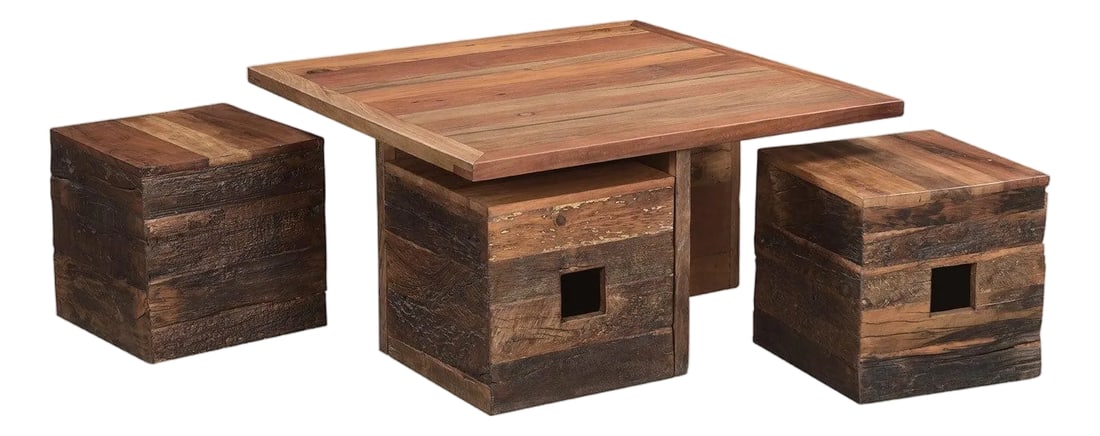 1990s Solid Wood Square Coffee Table With Pull Out Seating Stools (1 of 7)