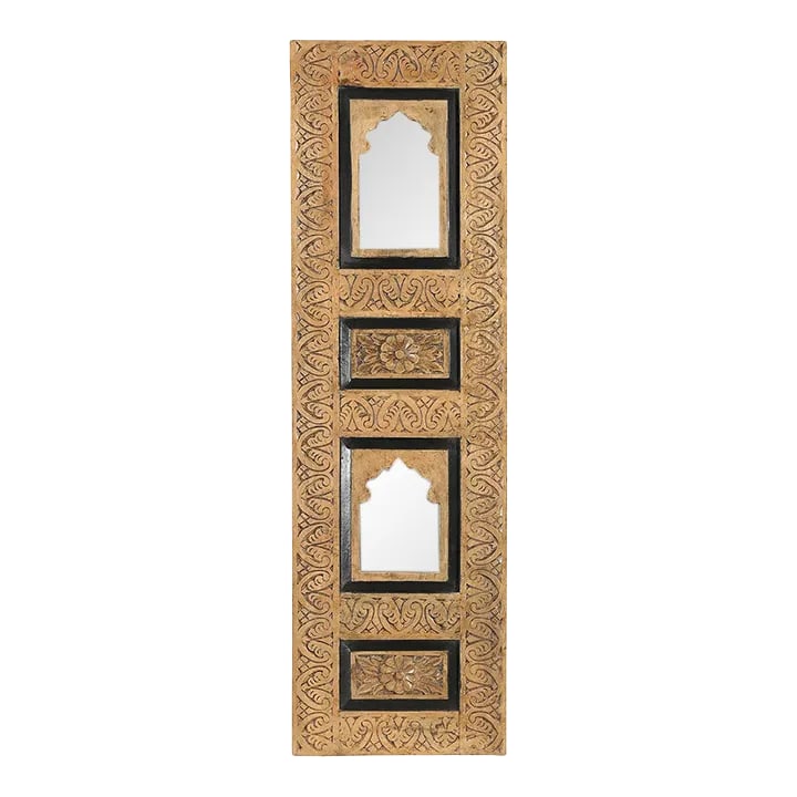 1990s Mediterranean Style Hand Carved Arch Wooden Panel With Mirror: Dimensions: 18" W X 1" D X 60" H The Mediterranean Style Hand Carved Arch Wooden Panel with Mirror is a captivating piece of wall decor that seamlessly blends traditional Indian craftsmanship with a