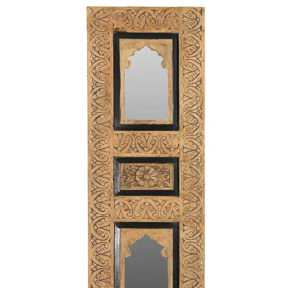 1990s Mediterranean Style Hand Carved Arch Wooden Panel With Mirror - 3