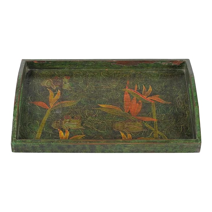 Vintage 18" X 12" Large Wooden Tray With Floral Hand Painting: Dimensions: 18" W X 12" D X 3" H Features: "• Vintage hand painted tray "• 100% solid wood construction "• Handmade by skilled artisans "• Distresaed green finish "•