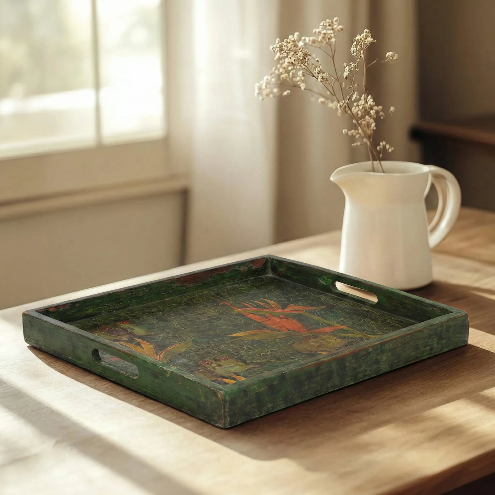 Vintage 18" X 12" Large Wooden Tray With Floral Hand Painting - 2