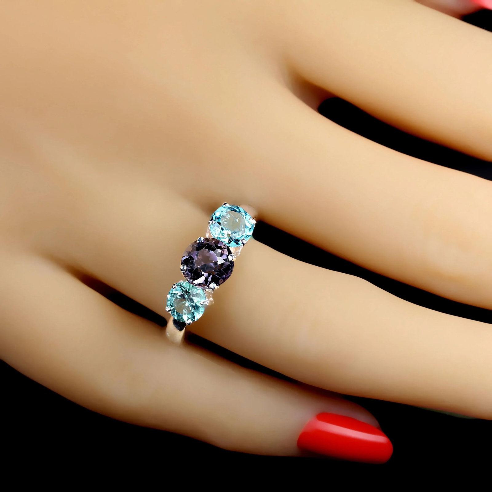 Classic Three Stone Blue Tourmaline Ring Size 8 - 2