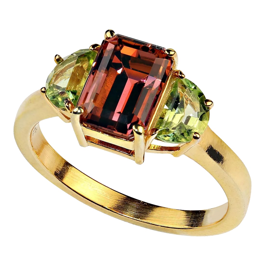 Orange Tourmaline Accented With Peridot Ring Size 8: This is part of Chairish's Fine Jewelry assortment. Discover the rare beauty of this stunning Orange Tourmaline ring, accented with twin half-moon Peridots, all set in luxurious gold rhodium over