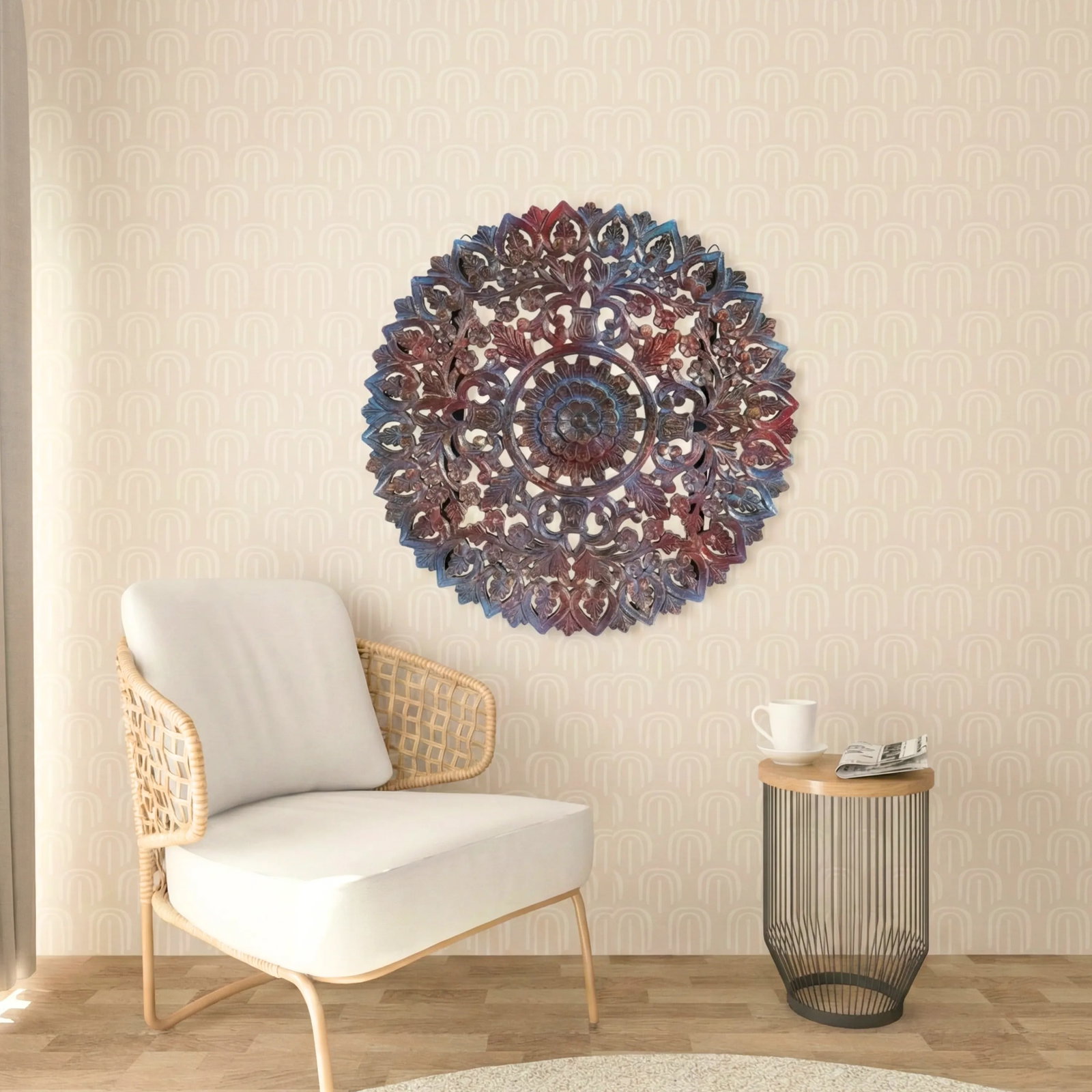 1990s 30" Round Lattice Carved Solid Wood Wall Panel - 2