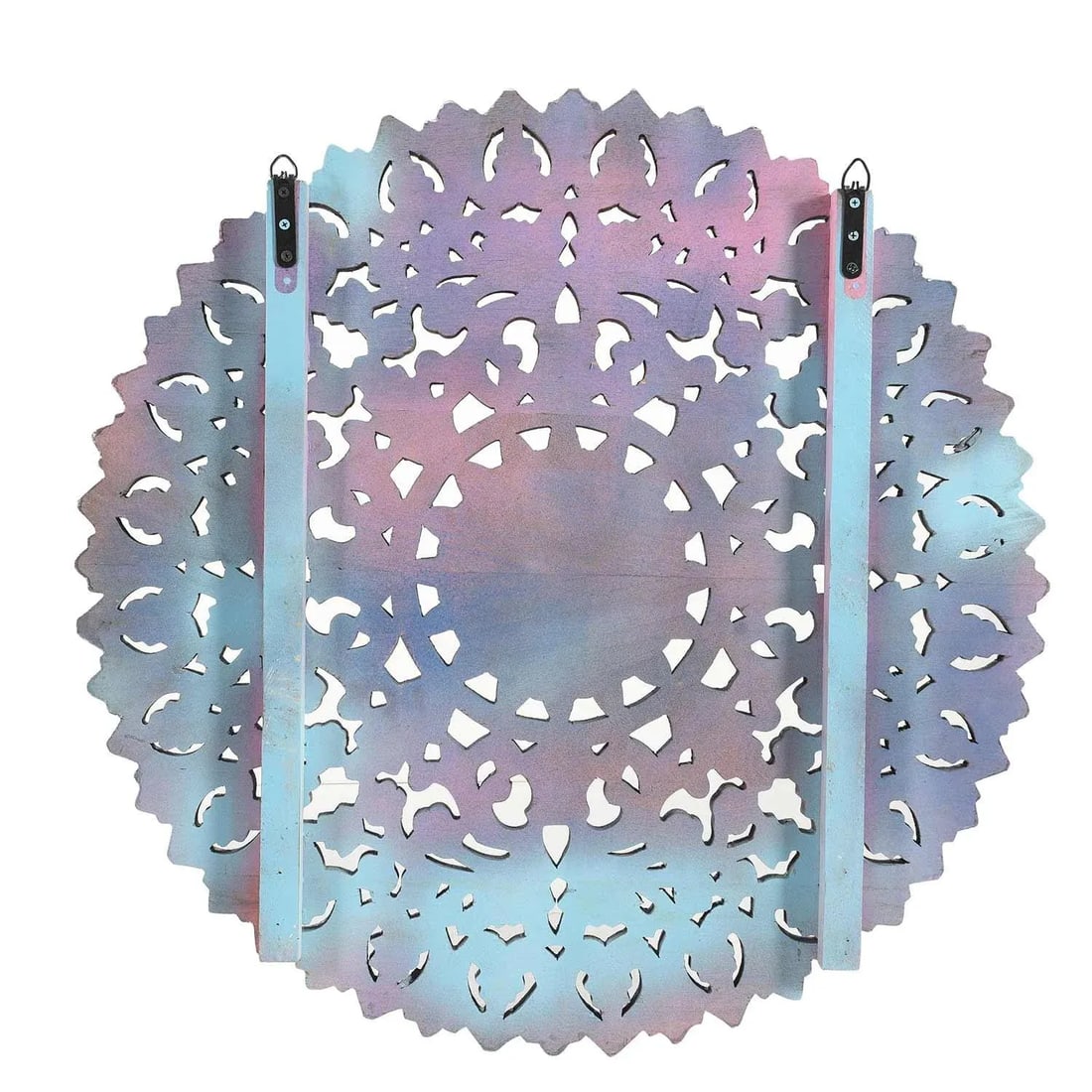 1990s 30" Round Lattice Carved Solid Wood Wall Panel - 3
