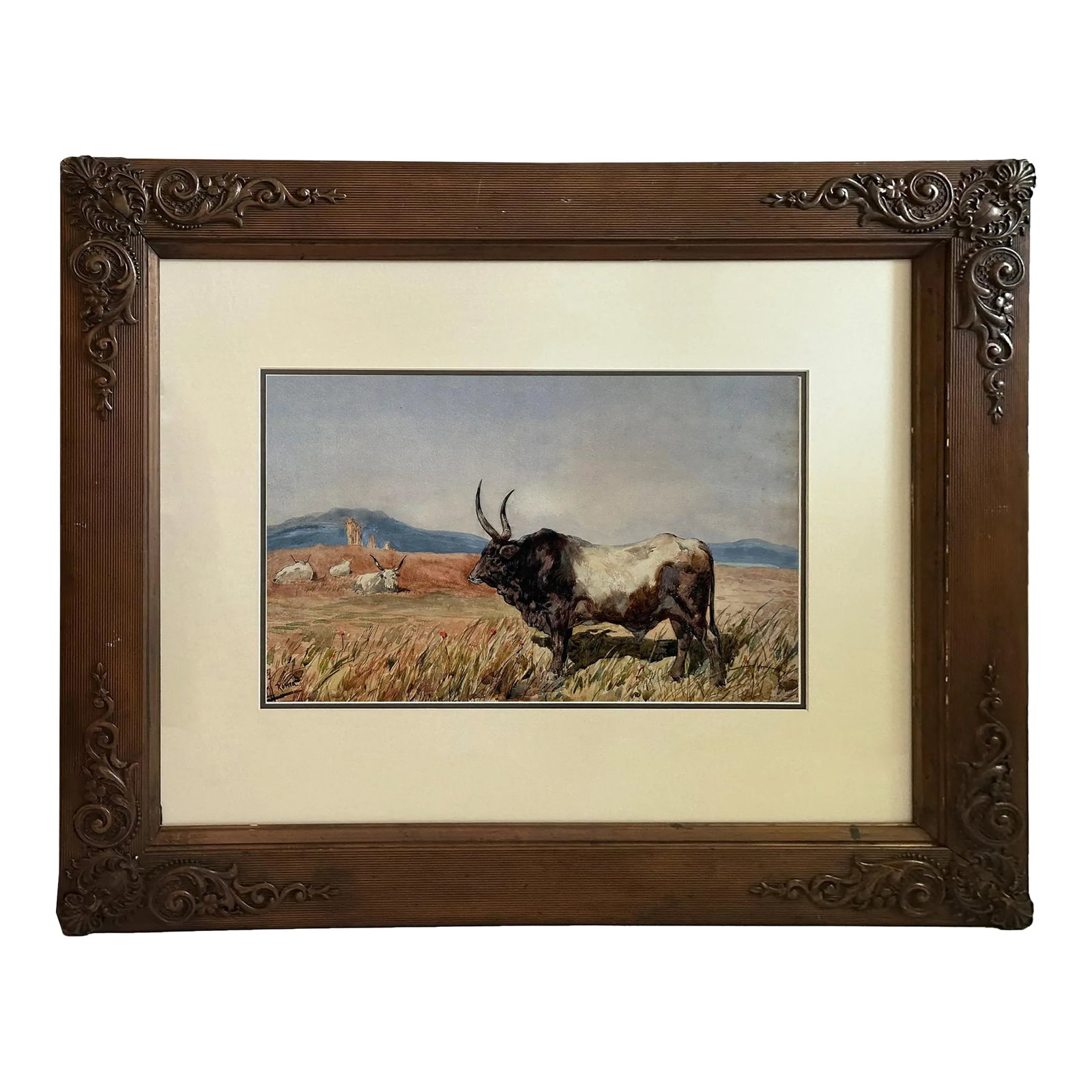 1800s Antique Longhorn Bull Painting Watercolor on Paper by Leopoldo Mariotti: Here is a stunning original antique watercolor painting of a longhornÂ bullÂ by Leopoldo Mariotti (Italy, 1848-1916). The soft, muted colors in this painting depict a