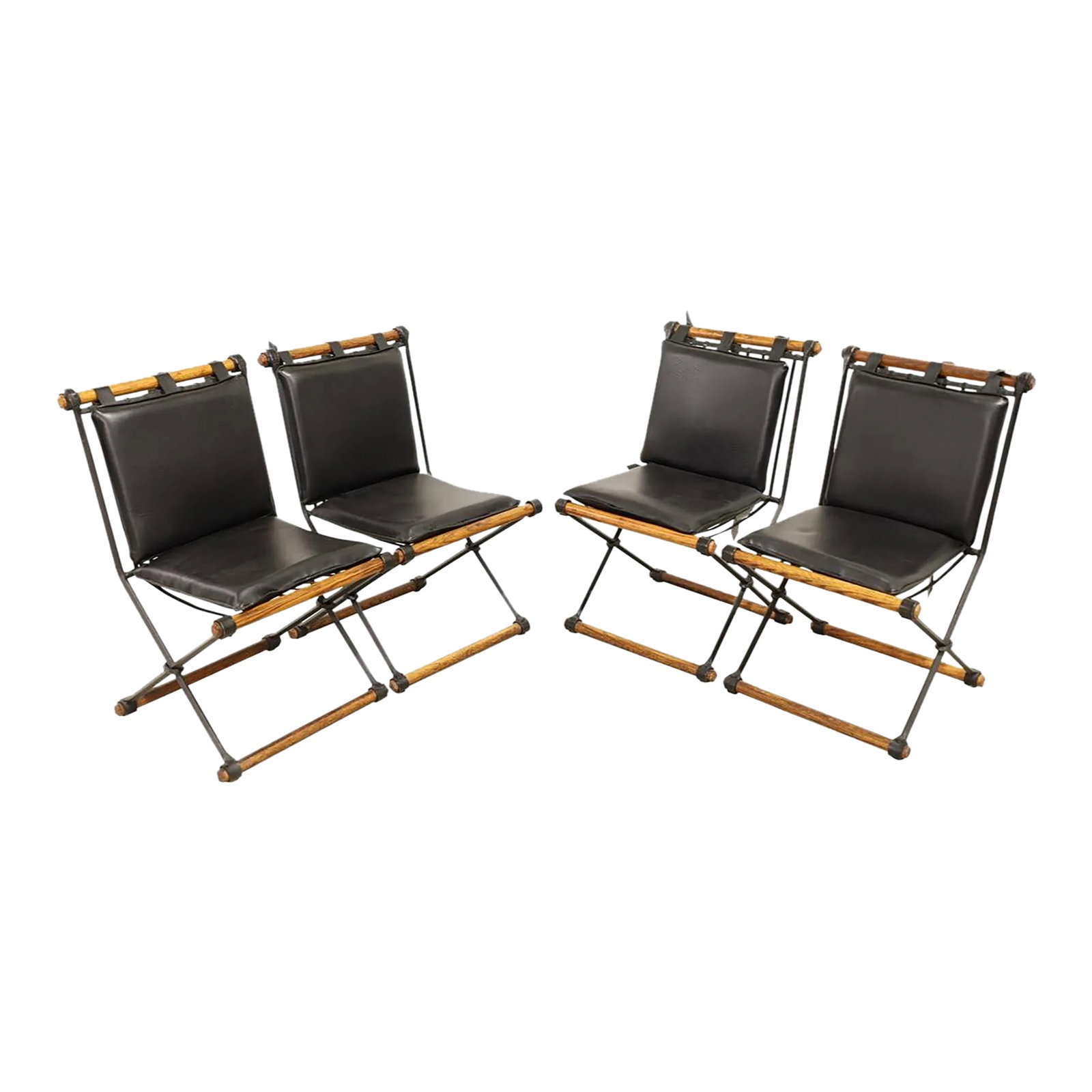 1960s Cleo Baldon Wrought Iron and Wood X Form Dining Chairs - Set of 4: Set of 4 Cleo Baldon wrought iron and oak frame X-form dining chairs with cushions. Condition: Alterations: Original Condition Unaltered Imperfections: Some Imperfections Condition Notes: Wear and