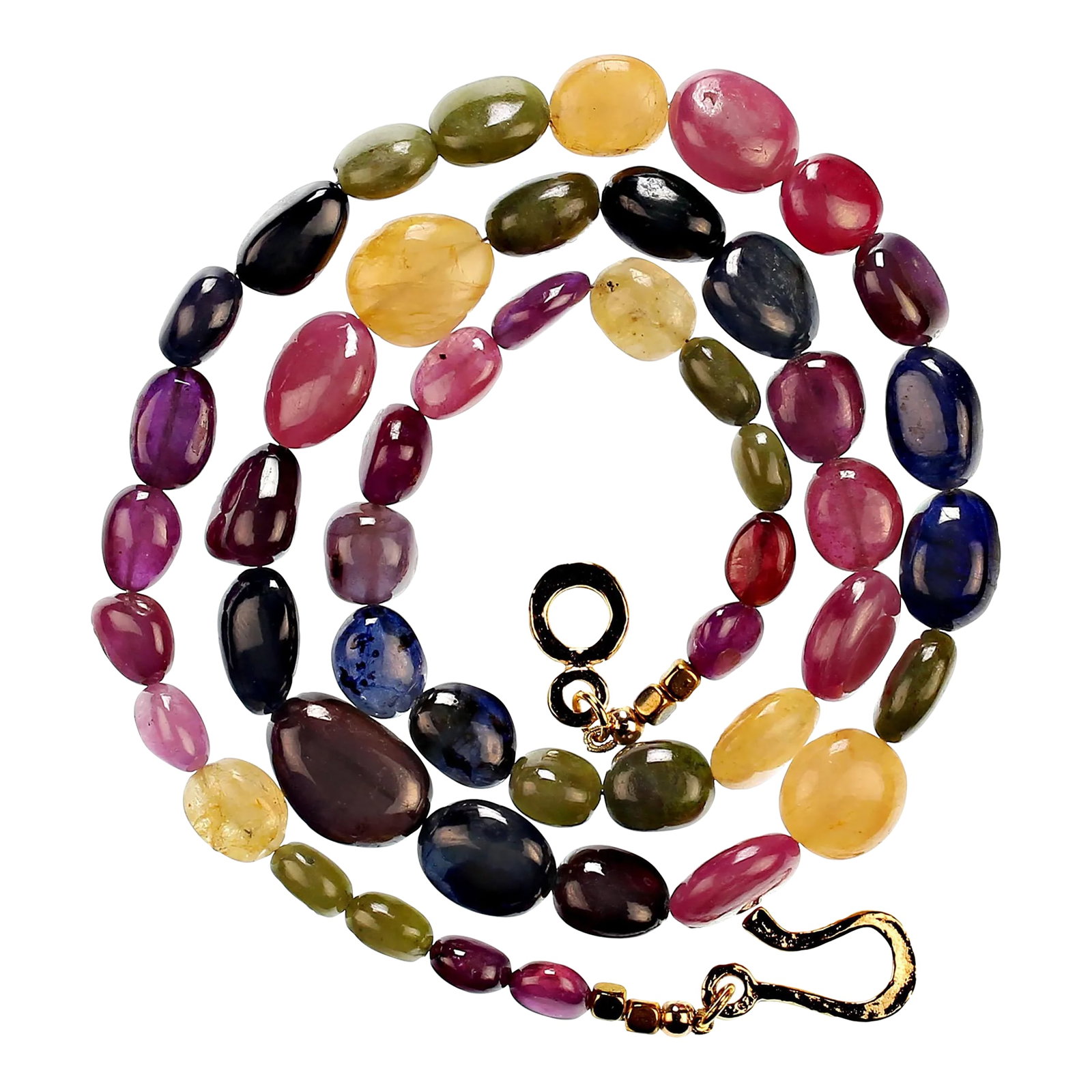 Multi Color Sapphire Ovals Necklace: This is part of Chairish's Fine Jewelry assortment. Graduated Multi-Color Sapphire Nugget Necklace with Gold Vermeil Clasp – 25 Inches Step into your happy place with this stunning multi-color