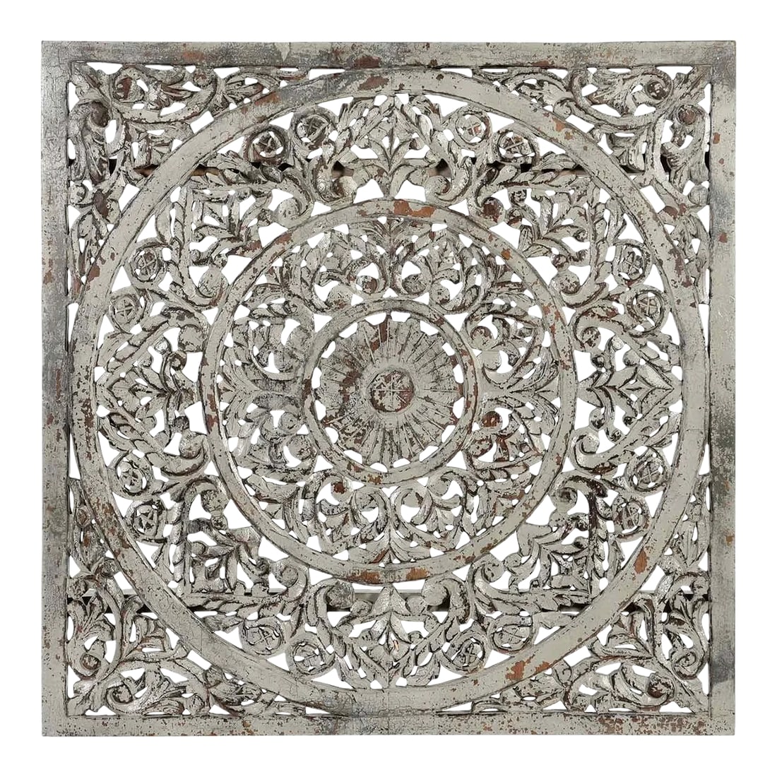 1990s Square Lattice Carved Solid Wood Wall Panel: Dimensions: 39" W x 2" D x 39" H Features: "• Hand carved lattice wall panel "• 100% solid Mango wood construction "• Distressed finish with whites,grays abs brown tones "•