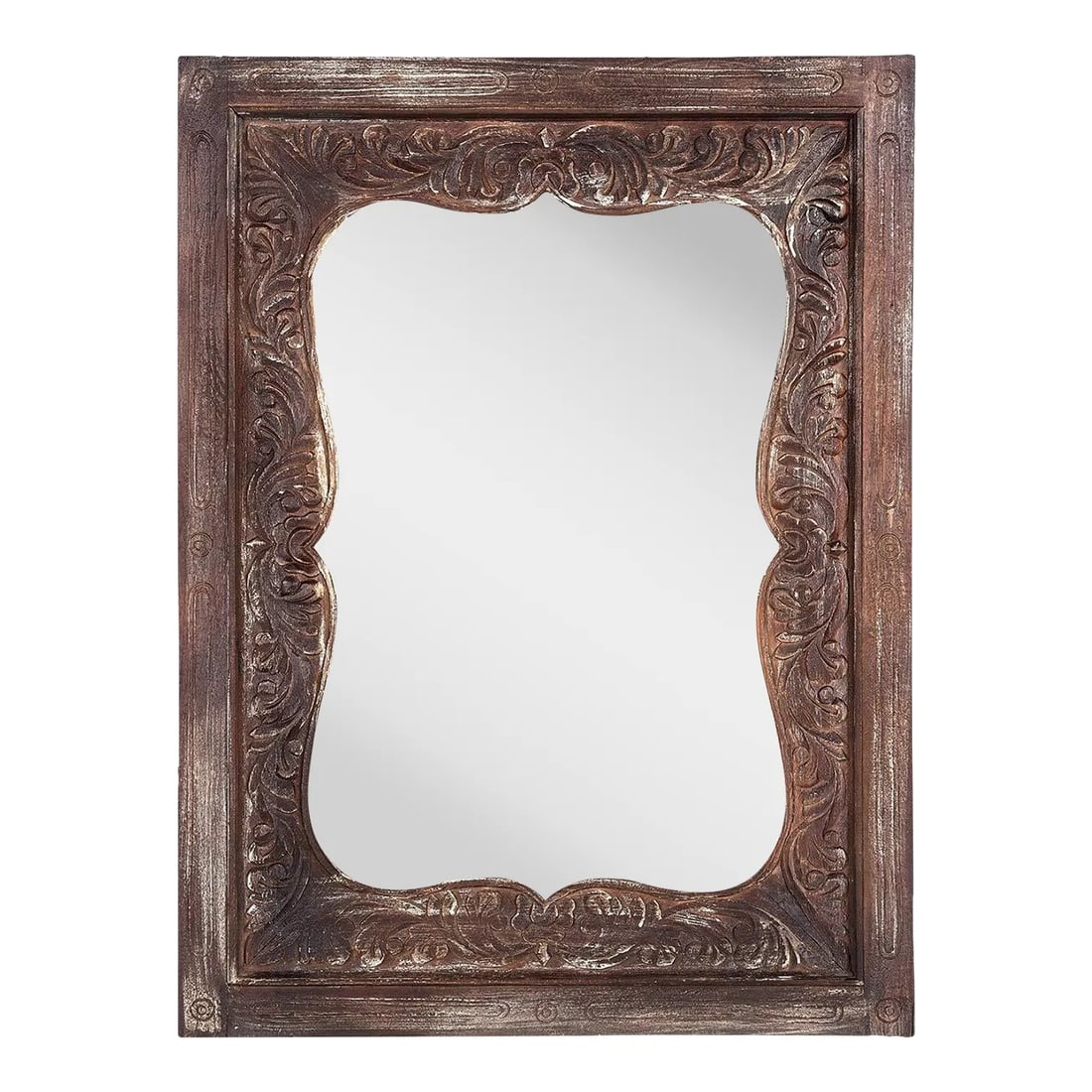 1980s Vintage Distressed Carved Solid Wood Vanity Mirror: Dimensions: 36" W x 3" D x 48" H Features: "• A rare piece and one of its kind exists "• 100% solid wood construction "• Hand carved by skilled artisans "• Farmhouse style