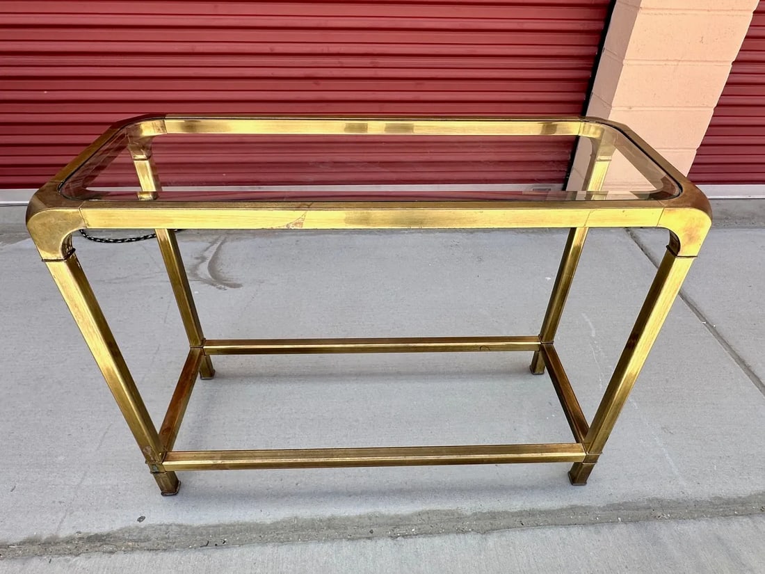 1970s Mastercraft Style Brass/Glass Top Console Table - 2
