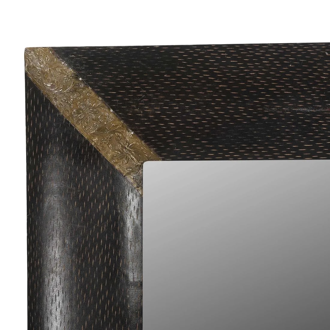 1970s Transitional Solid Wood Vanity Mirror With Brass Foil Accent Corners - 2