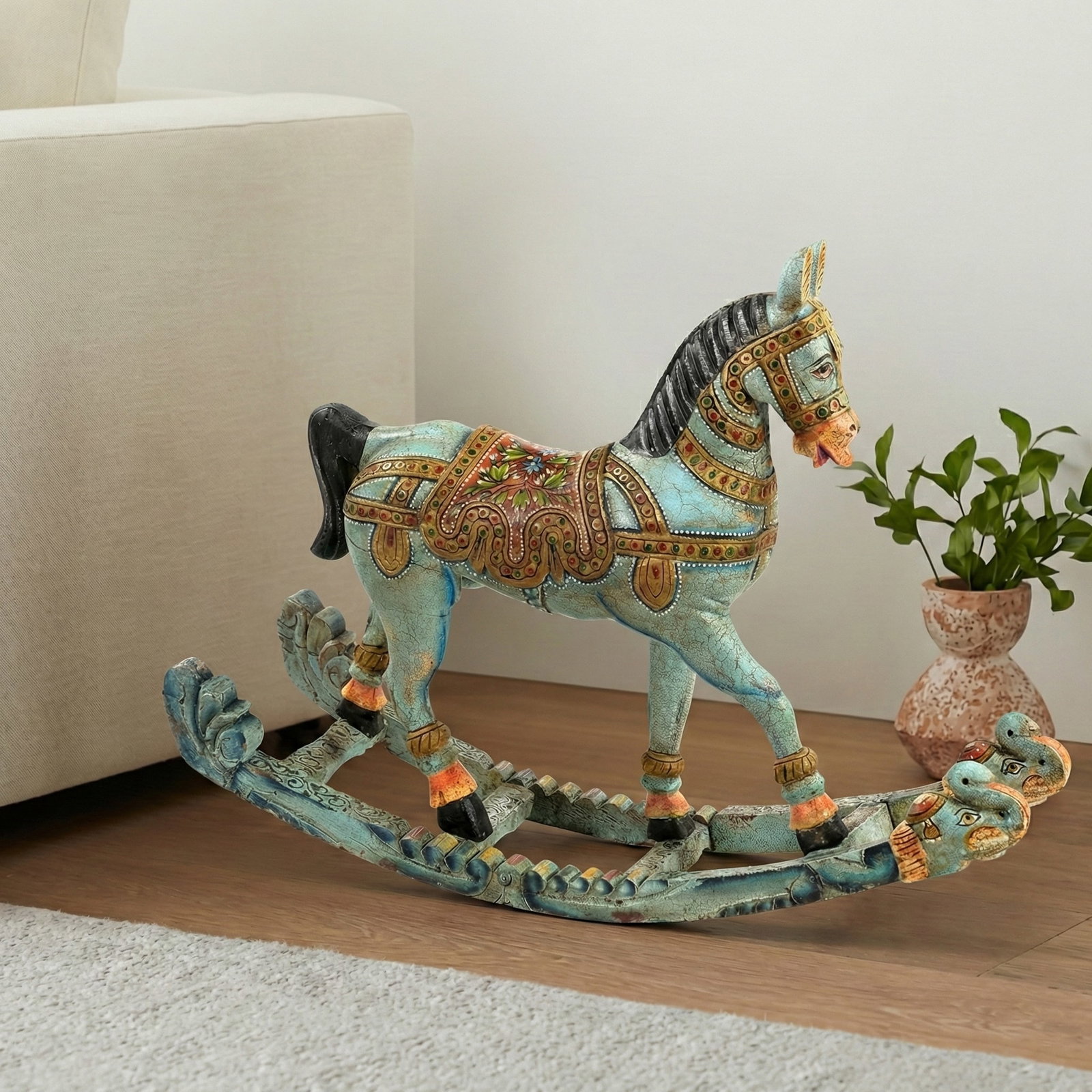 Vintage Hand Carved Wooden Artistically Painted Royal Rocking Horse Sculpture - 8