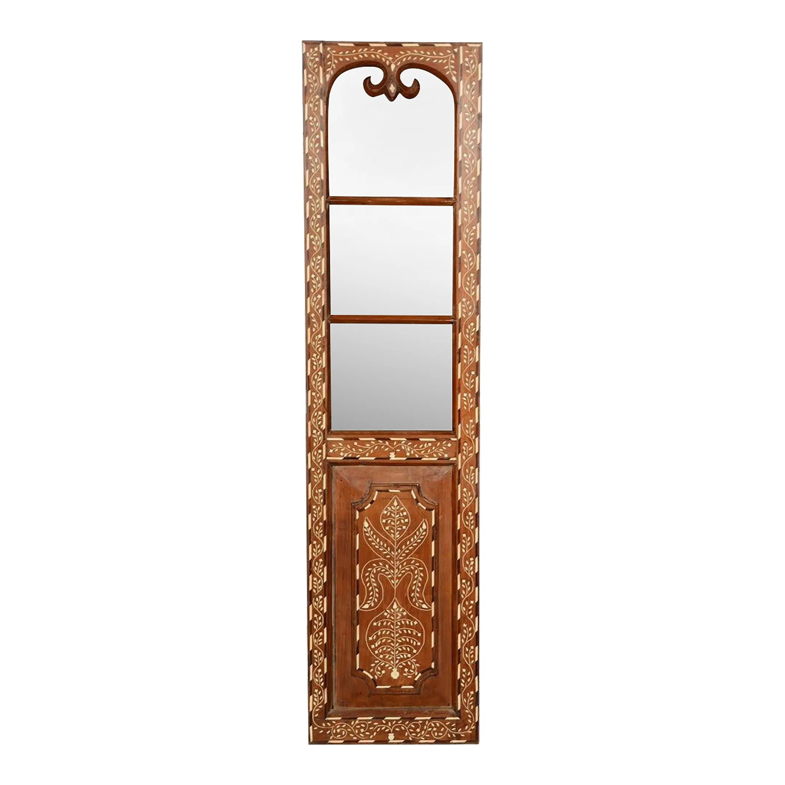Vintage Bone Inlaid Wooden Decorative Mirror Traditional Style Living Room Wall Panel: Dimensions: 18" W x 2" D x 71.5" H This vintage, bone inlaid door panel has been repurposed into a mirror wall art. The original glass of this unique door has been replaced by mirror to give this
