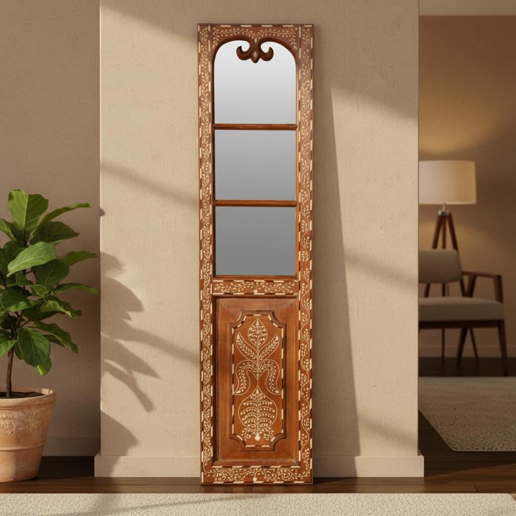 Vintage Bone Inlaid Wooden Decorative Mirror Traditional Style Living Room Wall Panel - 2