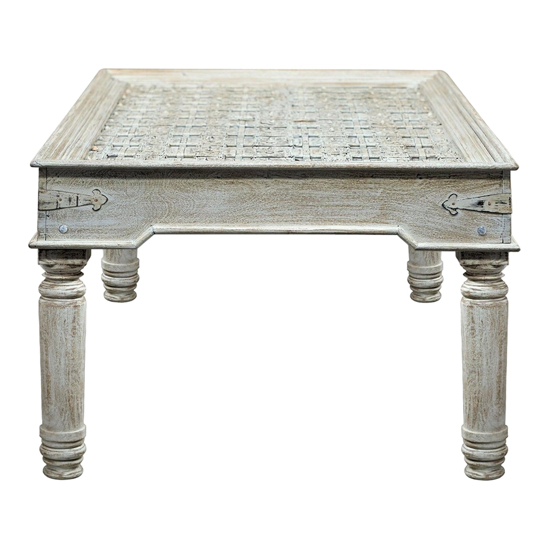 Vintage Farmhouse Style Distressed White Antique Door Repurposed 79" Long Dining Table: Dimensions: 79"W x 46"D x 31"H Disclaimer: To ensure your table arrives safely, we do not include the glass top with this table, as glass may be damaged during transit. This piece Distressed Washed