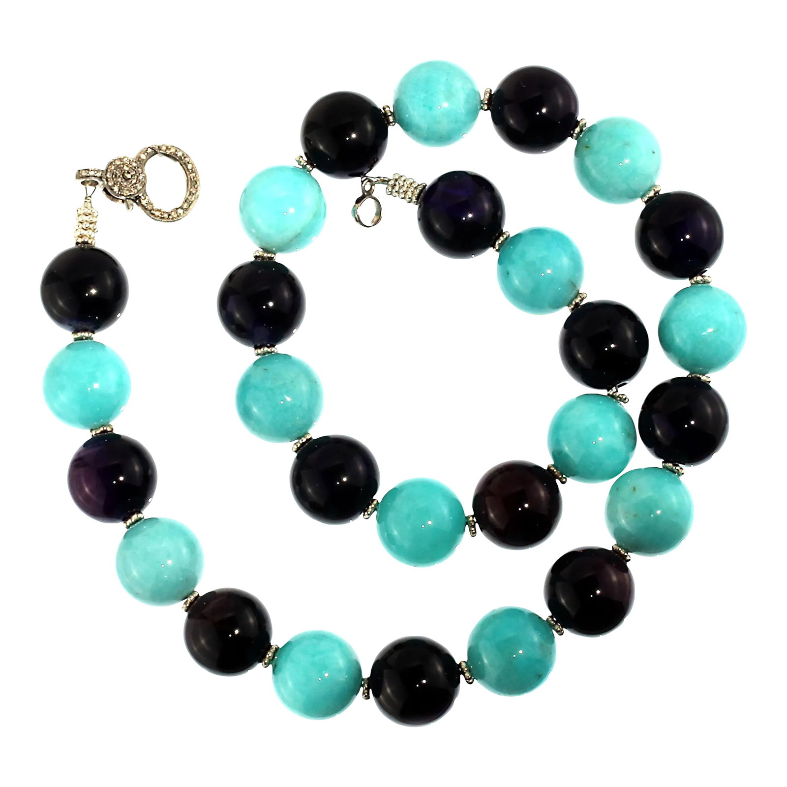 AJD Necklace of Amazonite and Amethyst Spheres February Birthstone: This is part of Chairish's Fine Jewelry assortment. Mix gorgeous Amethyst with luscious Amazonite and you have this custom made, one of a kind necklace perfect for all occasions. This unique necklace