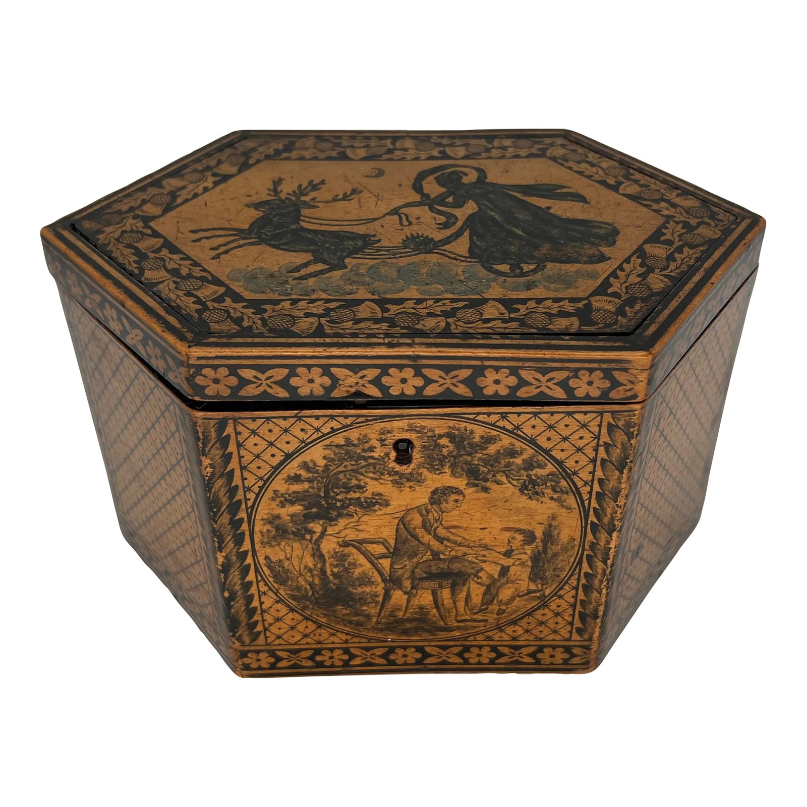 C. 1870 Antique English Tunbridge Ware & Penwork Regency Tea Caddy Box: English, circa 1870. A Regency Tunbridge Ware & Penwork Tea Caddy Box of Hexagonal form. Featuring a decorated Neo Classical taste top centering the goddess Ceres recumbent upon her stylized chariot.